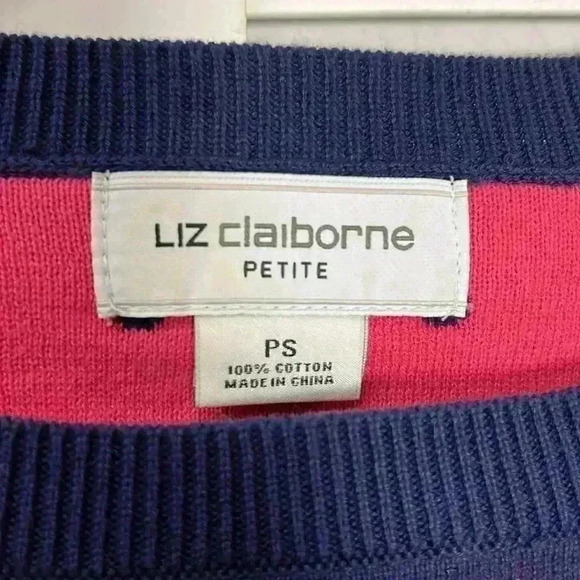 Liz Claiborne 3/4 Sleeve Pullover Polka Dot Sweater Size Petite Small Navy/Pink - Picture 2 of 9